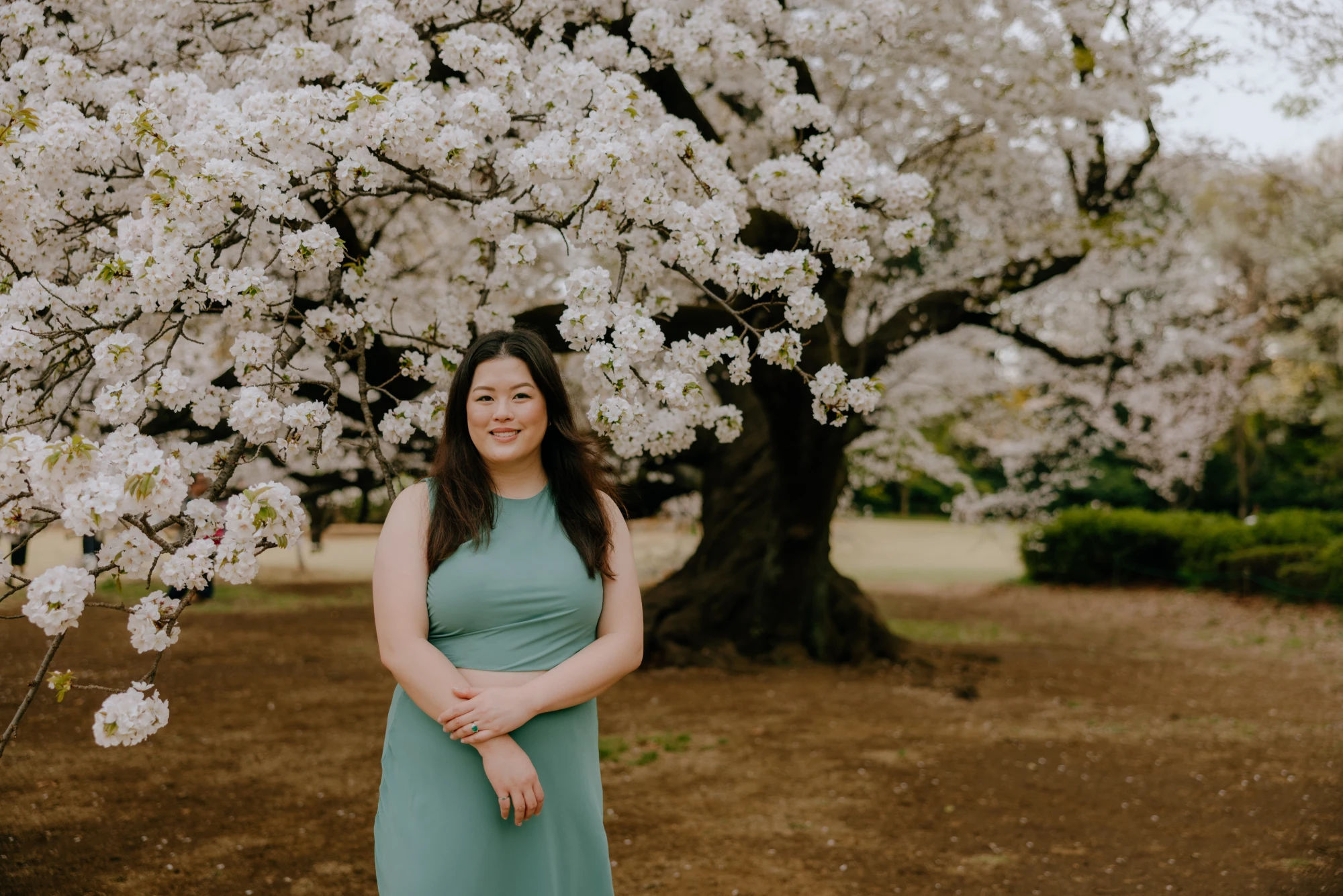 Jess Nguyen standing under sakura blossoms in Tokyo